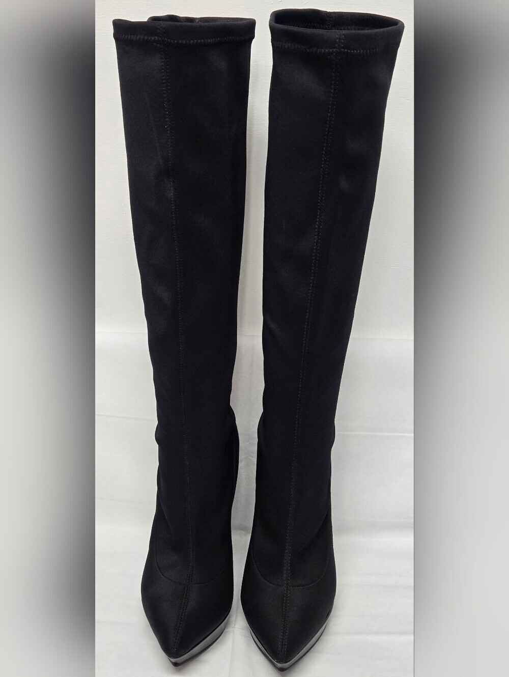 Andrea Tall Boots Black Wedge Heel Pointed Toe Pull On Stretch Knee High 7.5